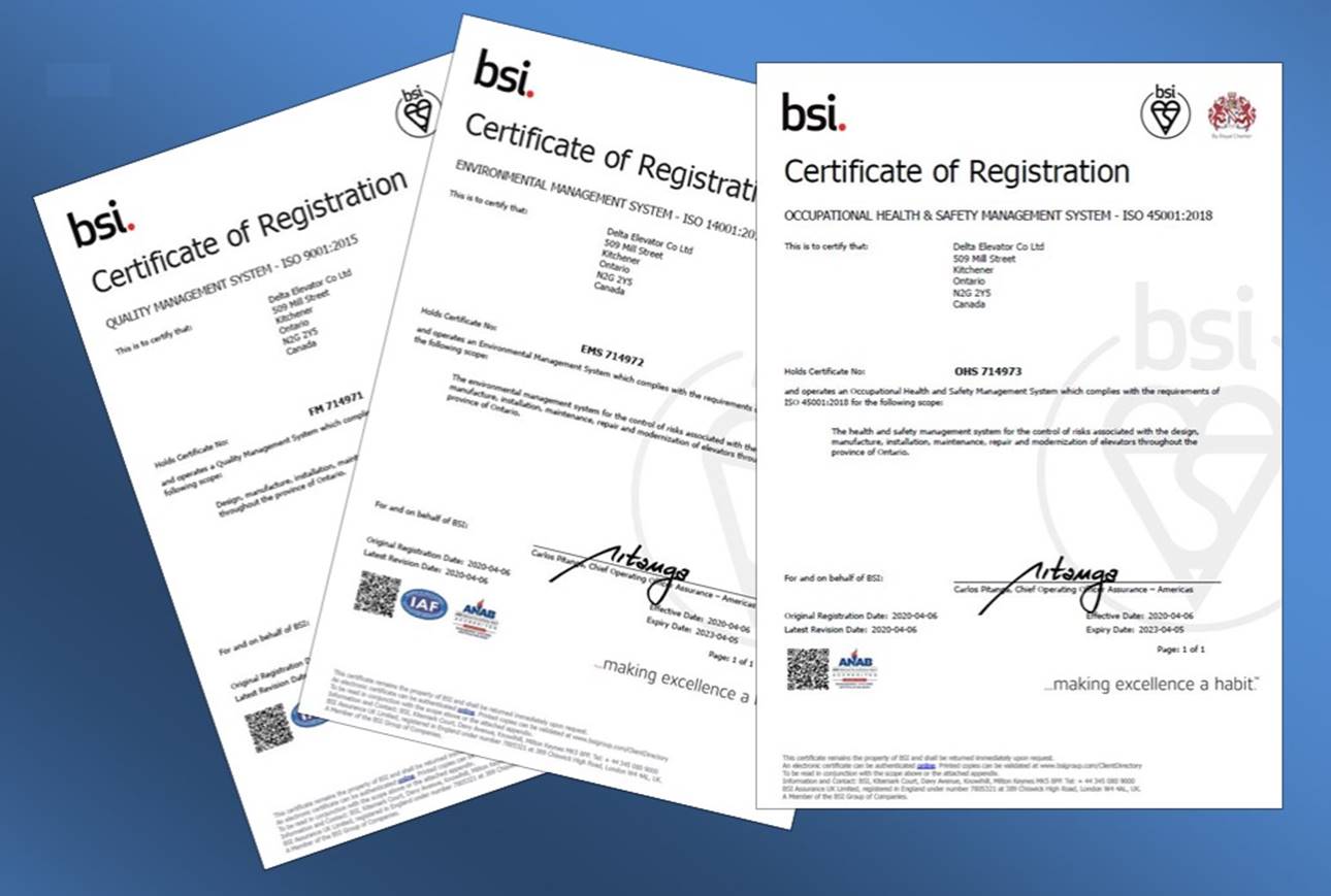 Picture of ISO Certificates of Registration laid out on a blue background.