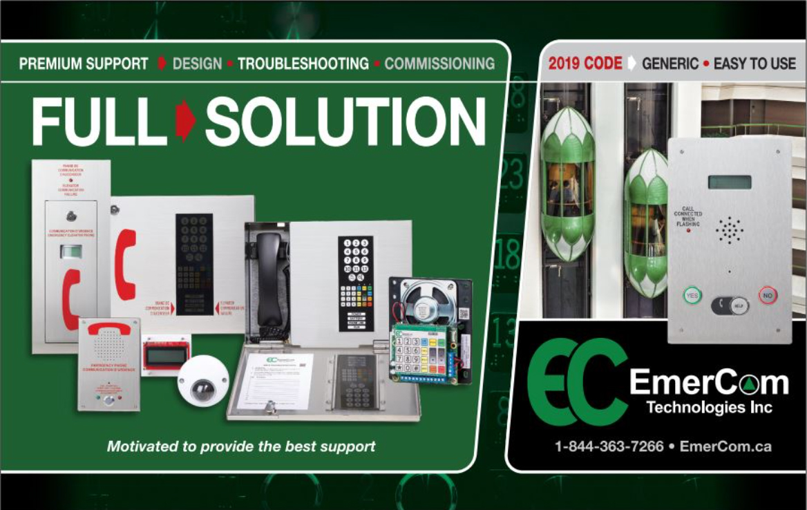 EmerCom Technologies, Inc. ASME 17.1-2019/B44-2019 emergency communication solution for elevators. 
