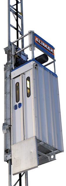 Alimek Manlift - grey elevator cart attached to steel beams