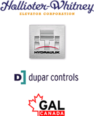 Supplier Logos: Hollister Whitney Elevator Corporation, Hydraulik, Dupar Controls and Gal Canada